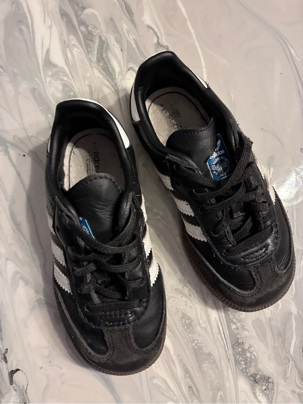 adidas Kids Black Leather Sneakers with White Stripes